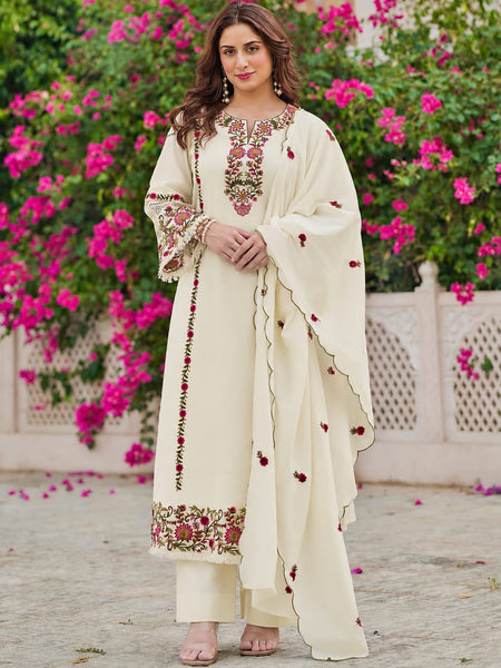 Off White Embroidered Straight Kurta Set
