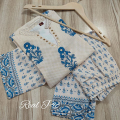 Ivory Blue Pure Crepe Mughal Floral Printed Co-Ord Set