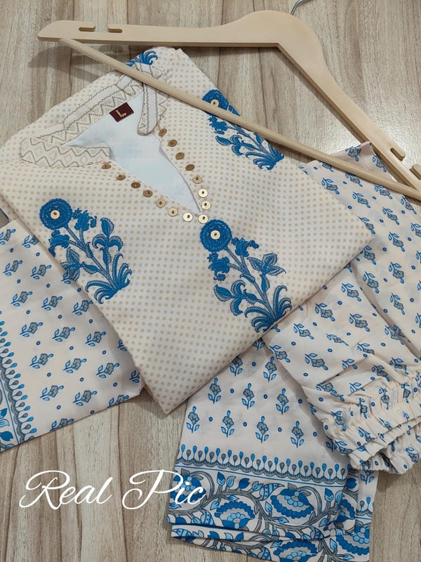 Ivory Blue Pure Crepe Mughal Floral Printed Co-Ord Set