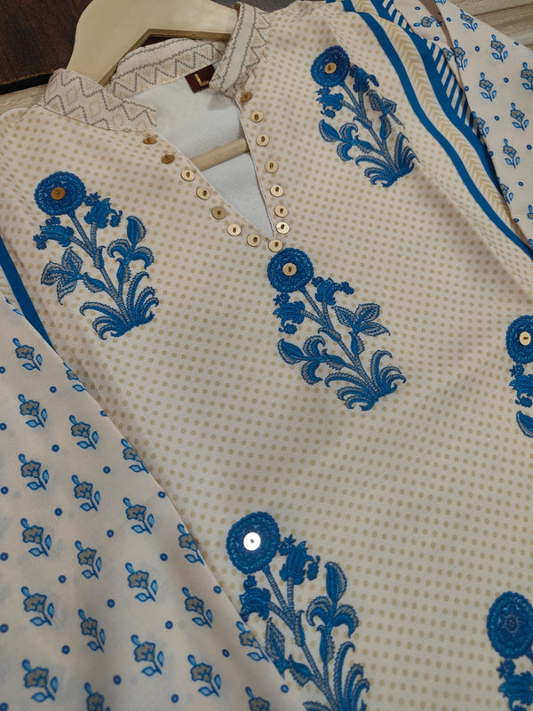 Ivory Blue Pure Crepe Mughal Floral Printed Co-Ord Set