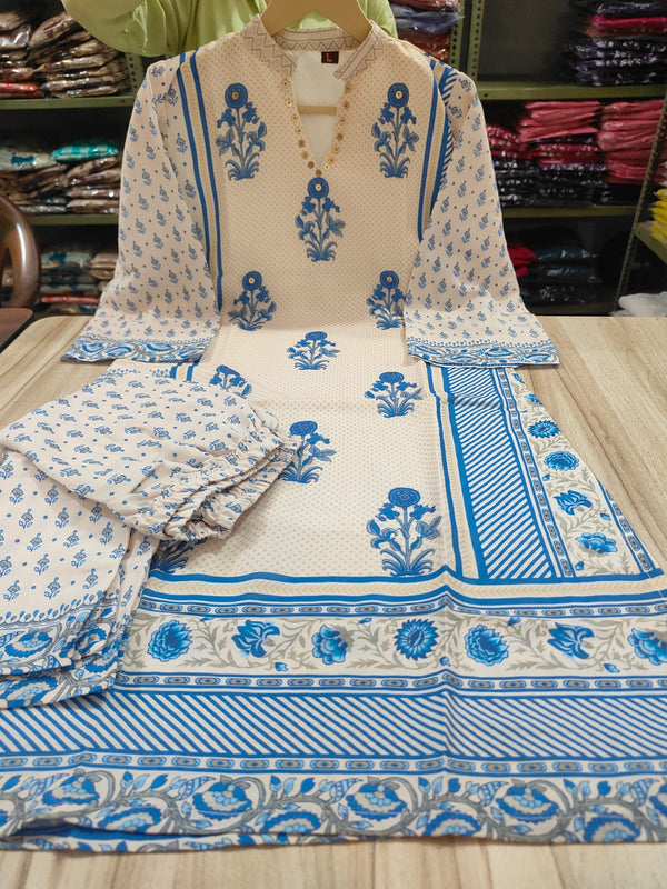 Ivory Blue Pure Crepe Mughal Floral Printed Co-Ord Set