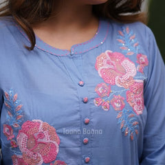 Pure Cotton Floral Embroidered Front-Pleated Ethnic Kurta Suit Set