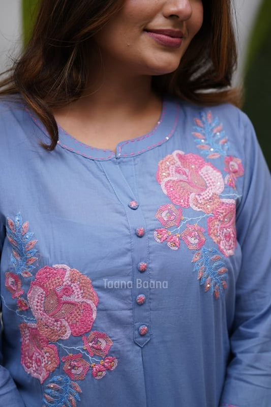Pure Cotton Floral Embroidered Front-Pleated Ethnic Kurta Suit Set