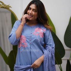 Pure Cotton Floral Embroidered Front-Pleated Ethnic Kurta Suit Set