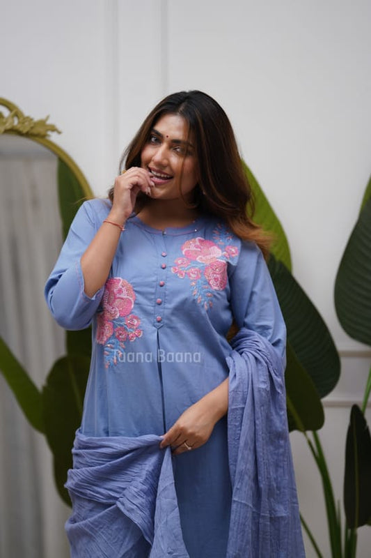 Pure Cotton Floral Embroidered Front-Pleated Ethnic Kurta Suit Set