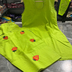 Lime Green Sleeveless Kurti Set with Strawberry Embroidered Bottom