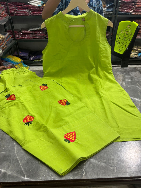 Lime Green Sleeveless Kurti Set with Strawberry Embroidered Bottom