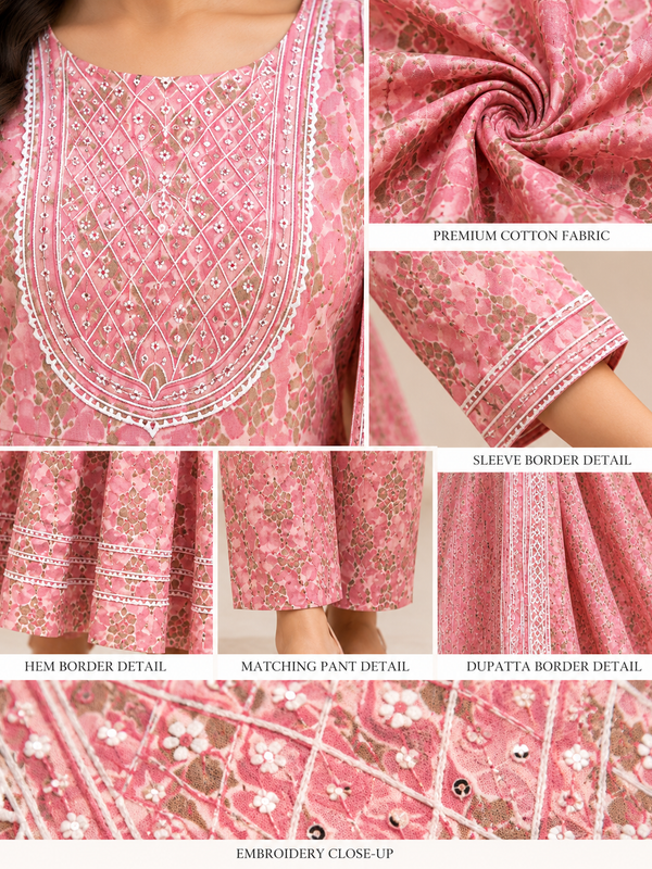Pink Embroidered Cotton Anarkali Suit Set for Festive Wear - view 4