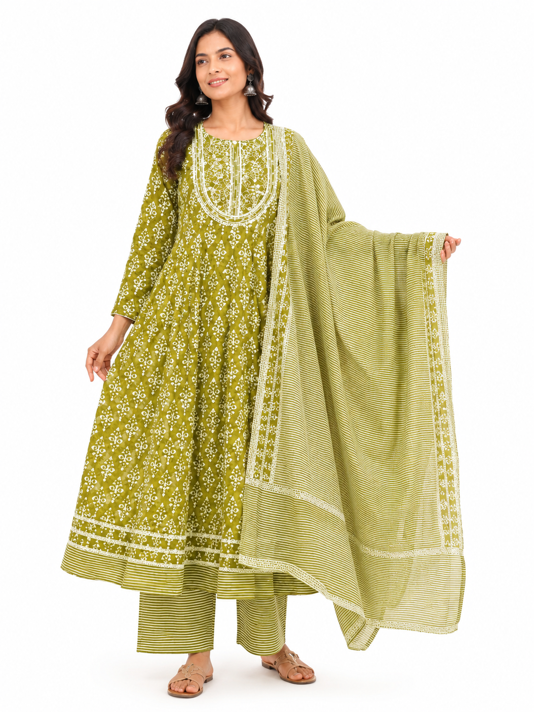 Women's Cotton Anarkali Kurta Pant Dupatta Set | Embroidered Ethnic Suit Set