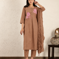 Pure Cotton Floral Embroidered Front-Pleated Ethnic Kurta Suit Set