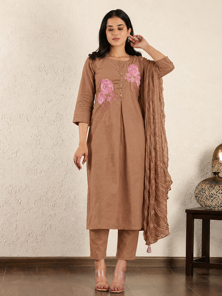 Pure Cotton Floral Embroidered Front-Pleated Ethnic Kurta Suit Set