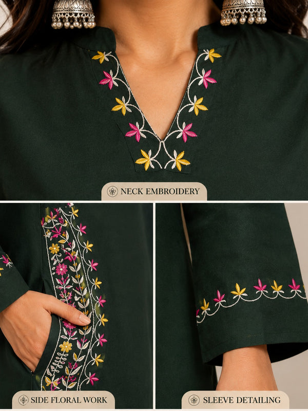 Green Embroidered Cotton Kurta Pant Set for Festive Wear - view 3