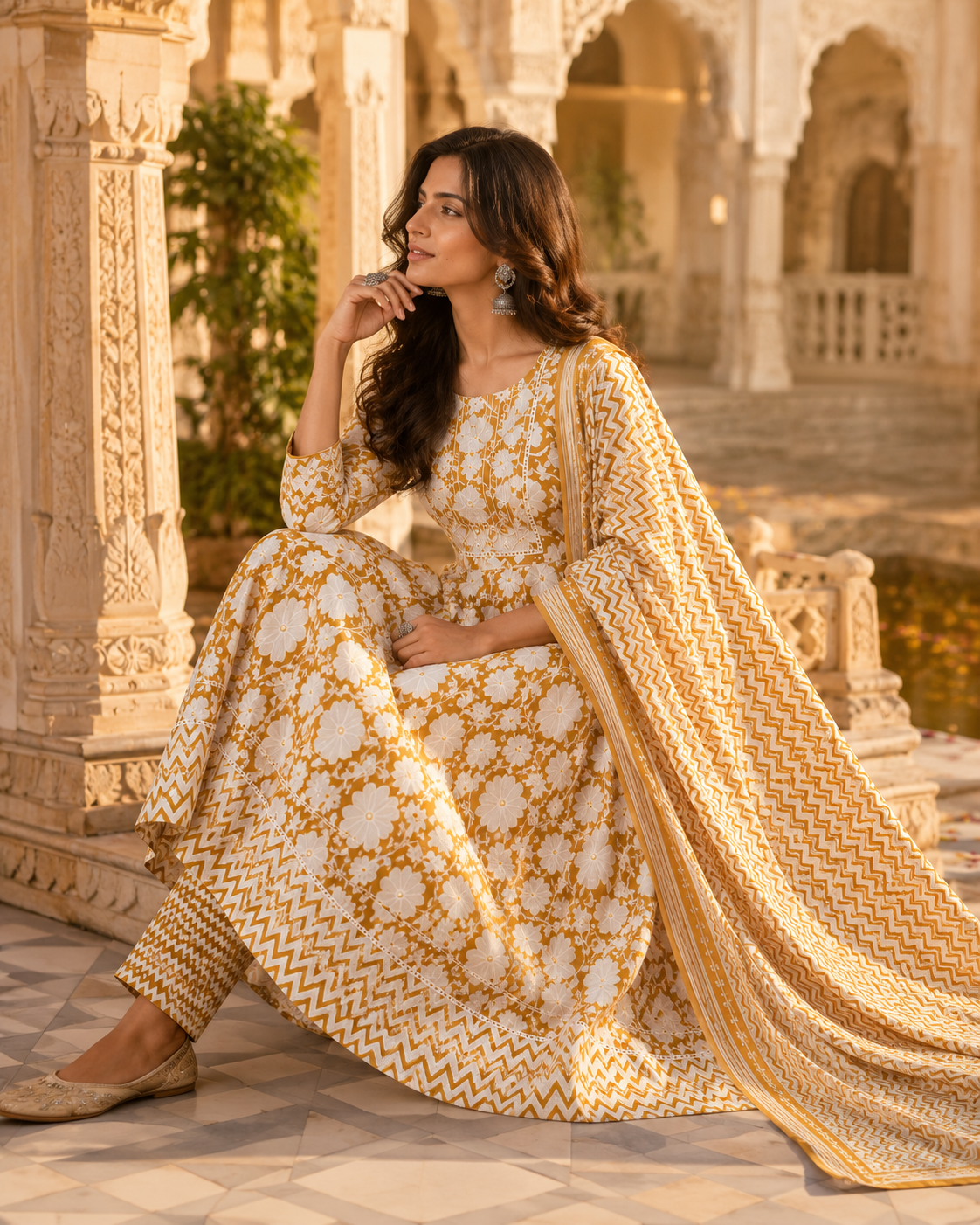 Women's Premium Cotton Anarkali Kurta Pant Dupatta Set | Embroidered Neck | Flared 3-Piece Ethnic Suit