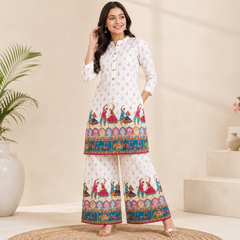 White Motif-Print Kurta Palazzo Set for Festive Wear