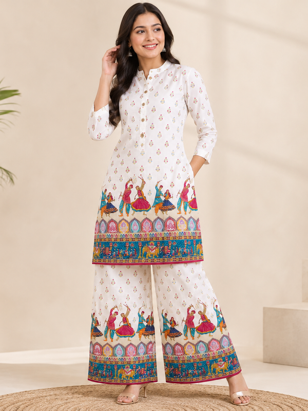 White Motif-Print Kurta Palazzo Set for Festive Wear