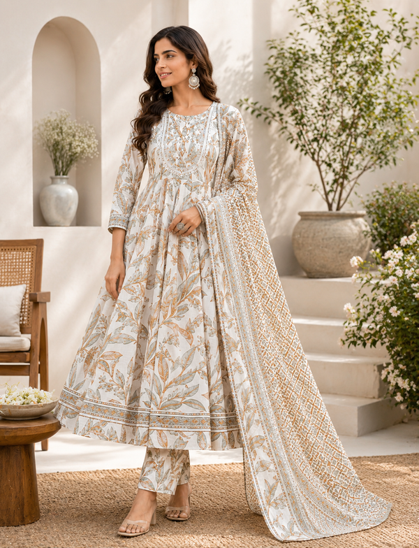 Women's Cotton Printed Anarkali Kurta Pant Dupatta Set | Flared Ethnic Suit | 3-Piece Set