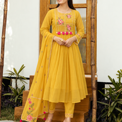 Vibrant Yellow Embroidered Anarkali Suit Set with Dupatta