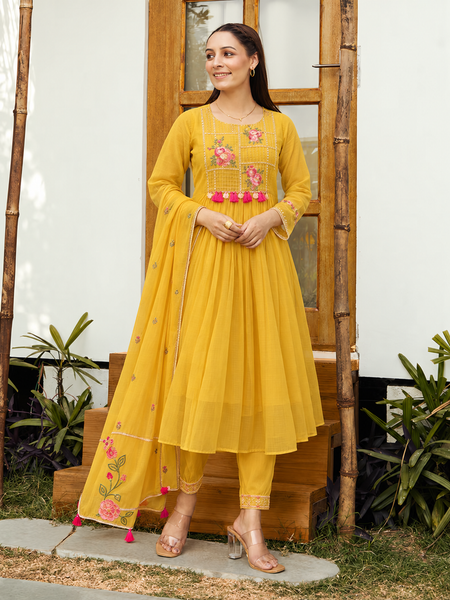Vibrant Yellow Embroidered Anarkali Suit Set with Dupatta