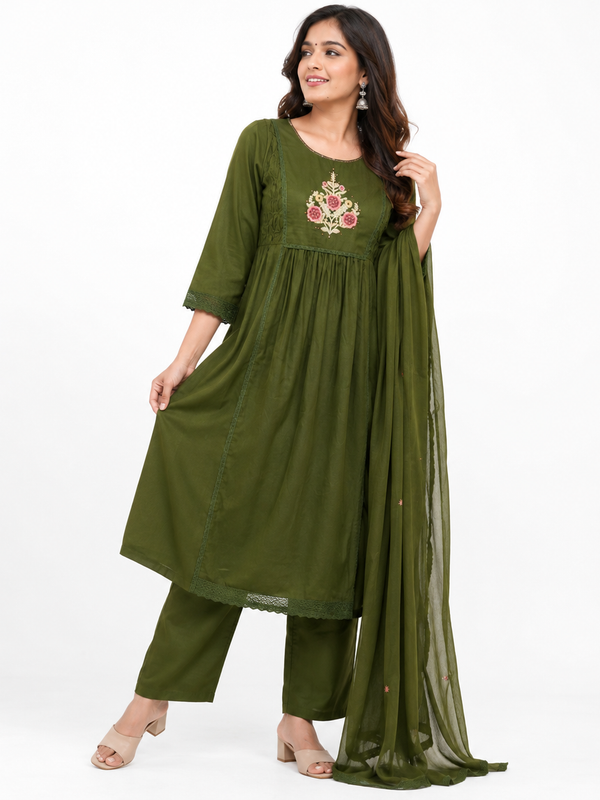 Floral Embroidered Kurta Pant Dupatta Set for Festive Wear - view 2