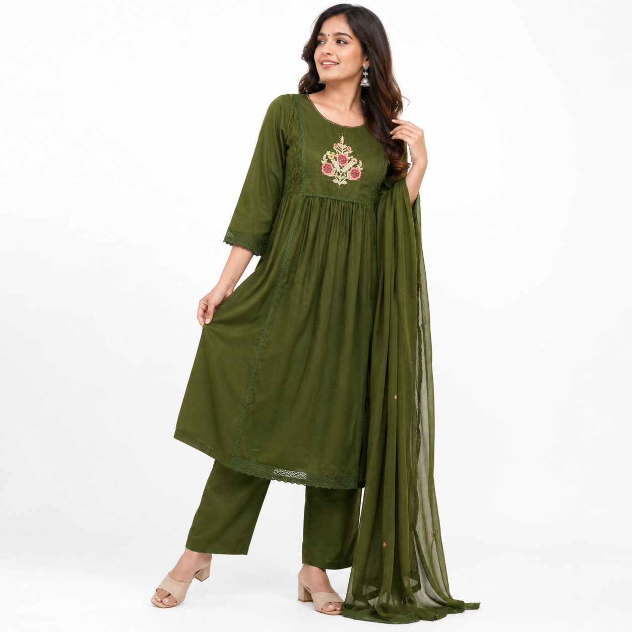 Women’s Olive Green Embroidered Kurta Pant Dupatta Set | Ethnic 3-Piece Suit Set