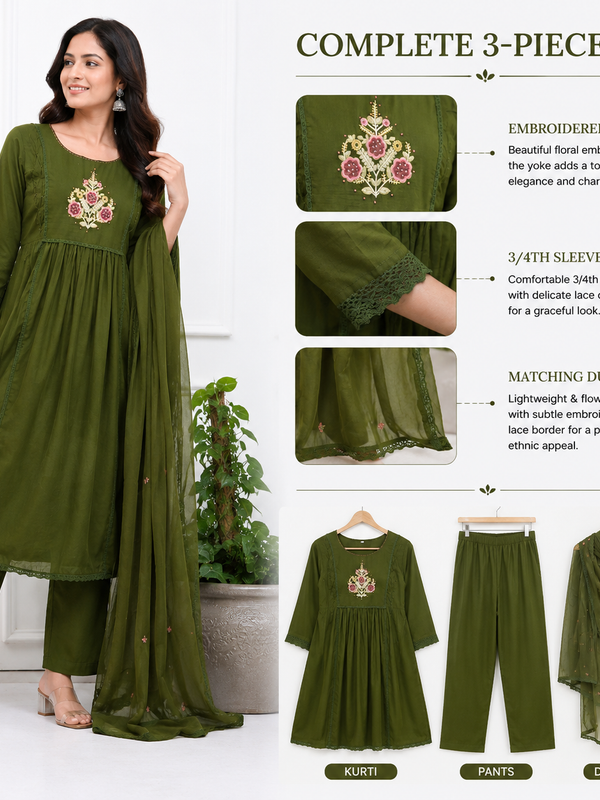 Floral Embroidered Kurta Pant Dupatta Set for Festive Wear - view 3