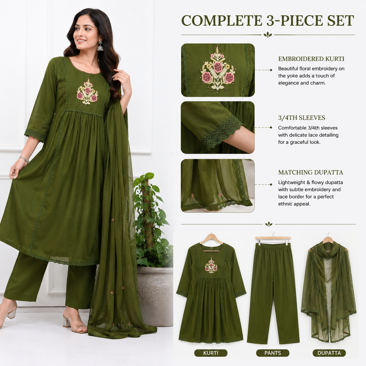 Women’s Olive Green Embroidered Kurta Pant Dupatta Set | Ethnic 3-Piece Suit Set