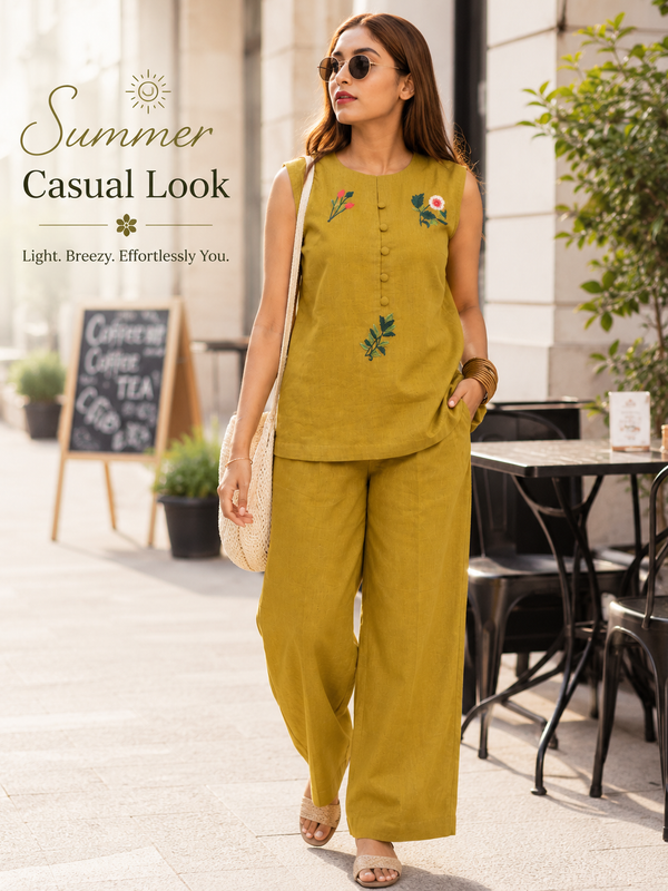 Red Embroidered Cotton Co-Ord Set for Daily Wear