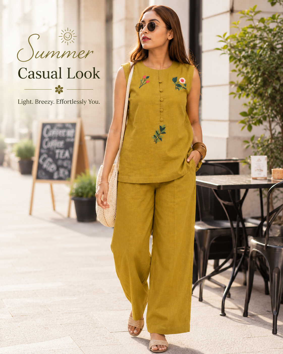 Women's Embroidered Sleeveless Co-Ord Set | Cotton Blend Top & Straight Pants Set