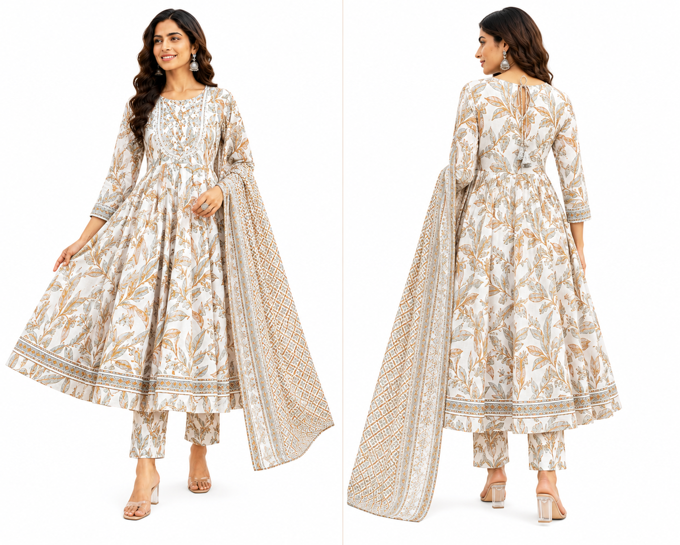 Women's Cotton Printed Anarkali Kurta Pant Dupatta Set | Flared Ethnic Suit | 3-Piece Set