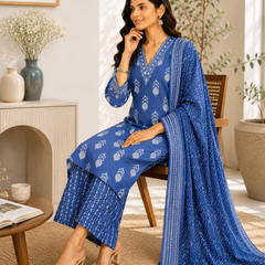 Blue Embroidered Cotton Kurta Pant Dupatta Set for Festive Wear