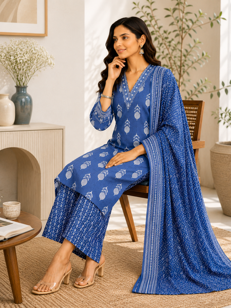 Blue Embroidered Cotton Kurta Pant Dupatta Set for Festive Wear