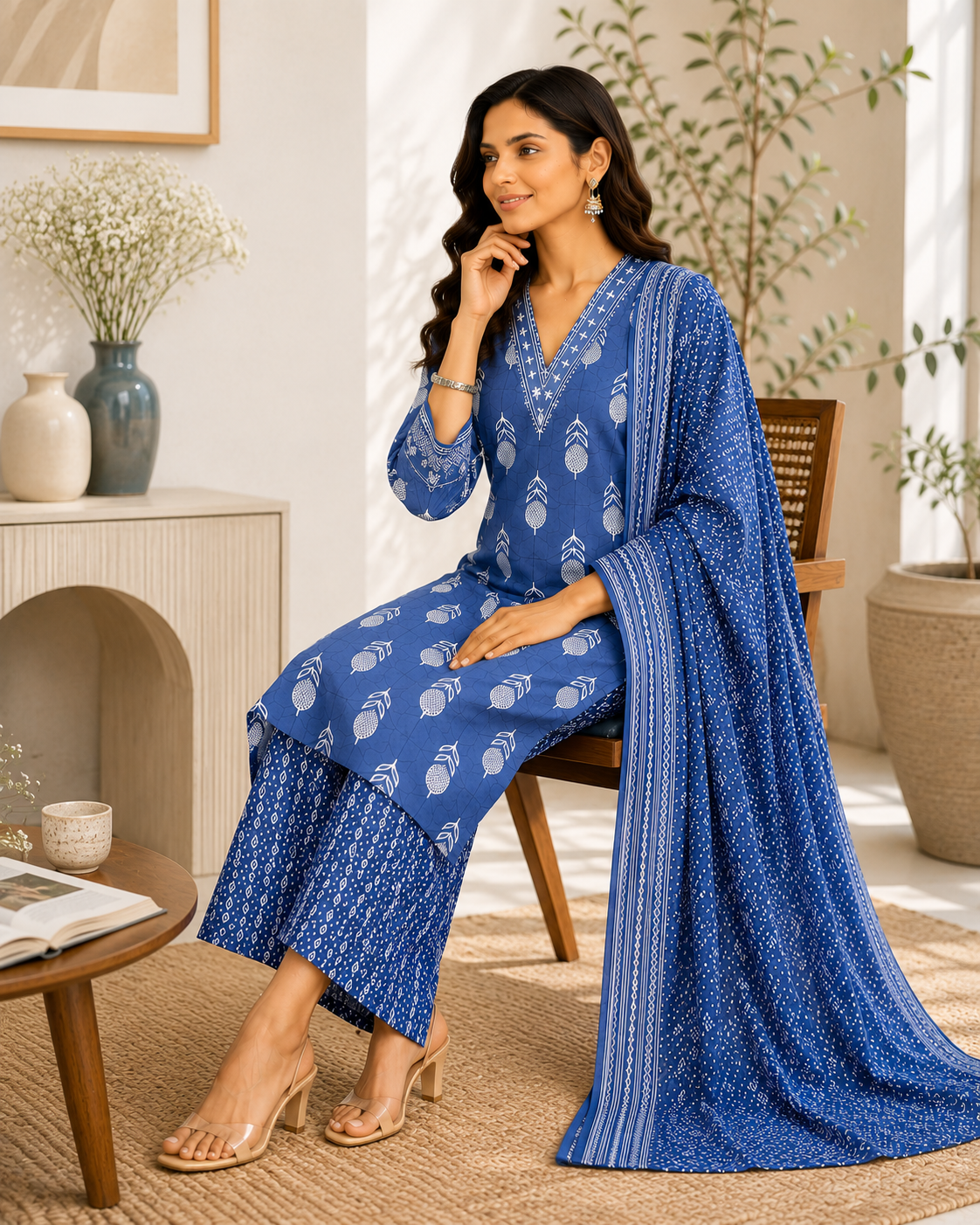 Women’s Cotton Printed Kurta Pant Dupatta Set | Embroidered V-Neck | Ethnic 3-Piece Suit Set