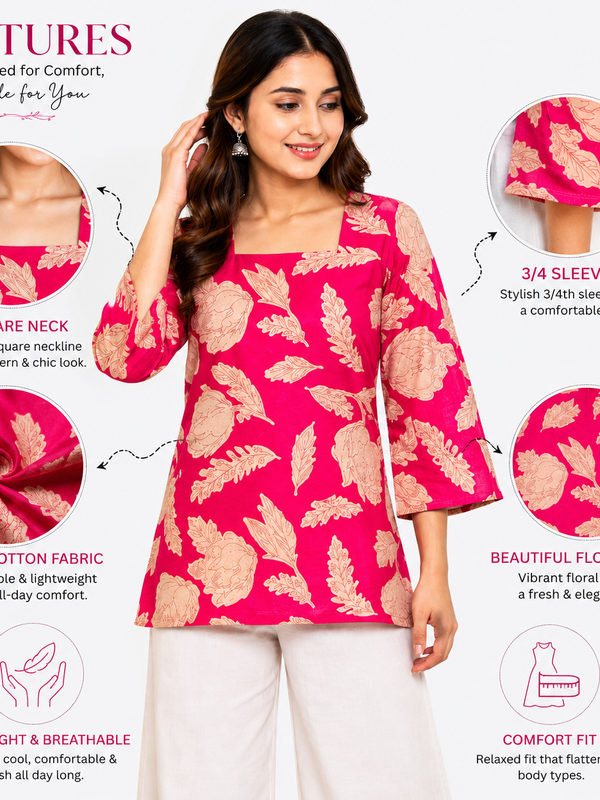 Floral-Print Cotton Short Kurti for Casual Wear - view 3