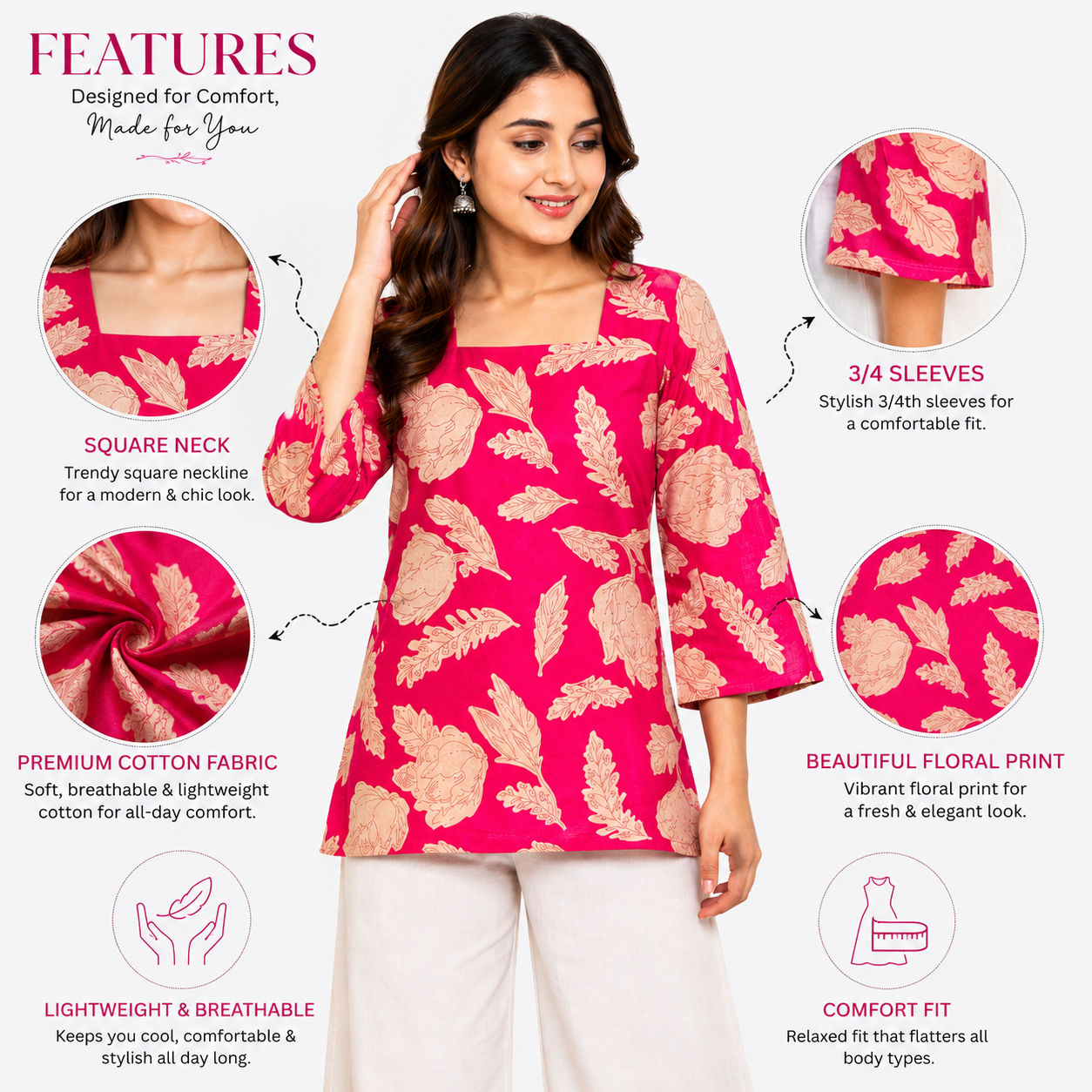 Women's Floral Printed Cotton Short Kurti