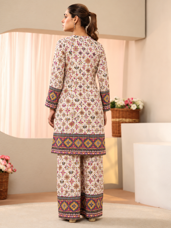 White Printed Rayon Kurta Palazzo Co-Ord Set for Festive Wear