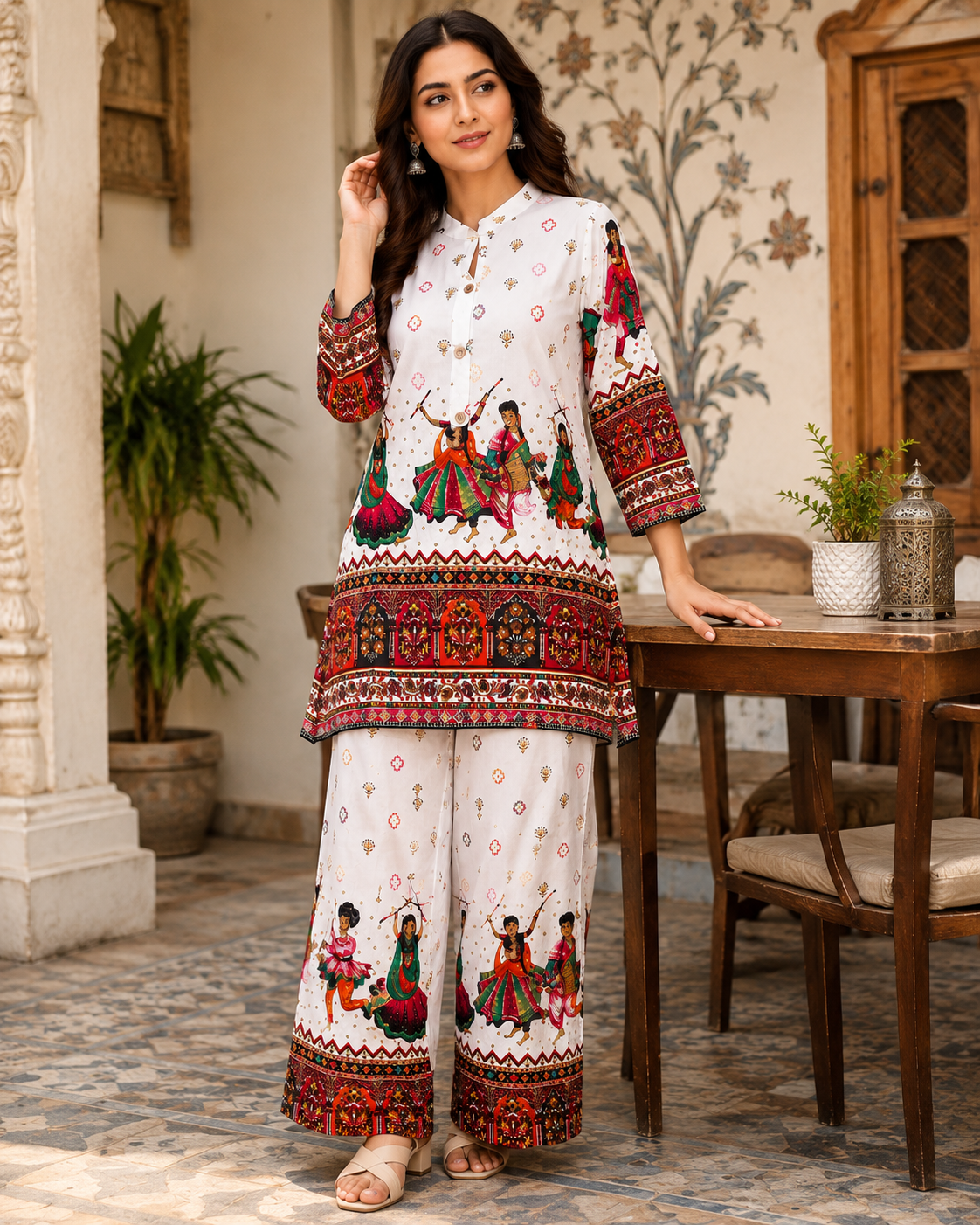 Premium Folk Print Rayon Kurta Palazzo Co-Ord Set for Women