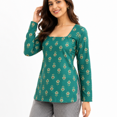 Green Printed Cotton Tunic Top for Office Wear - view 5