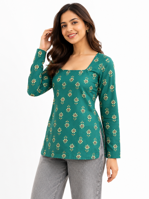 Green Printed Cotton Tunic Top for Office Wear - view 5