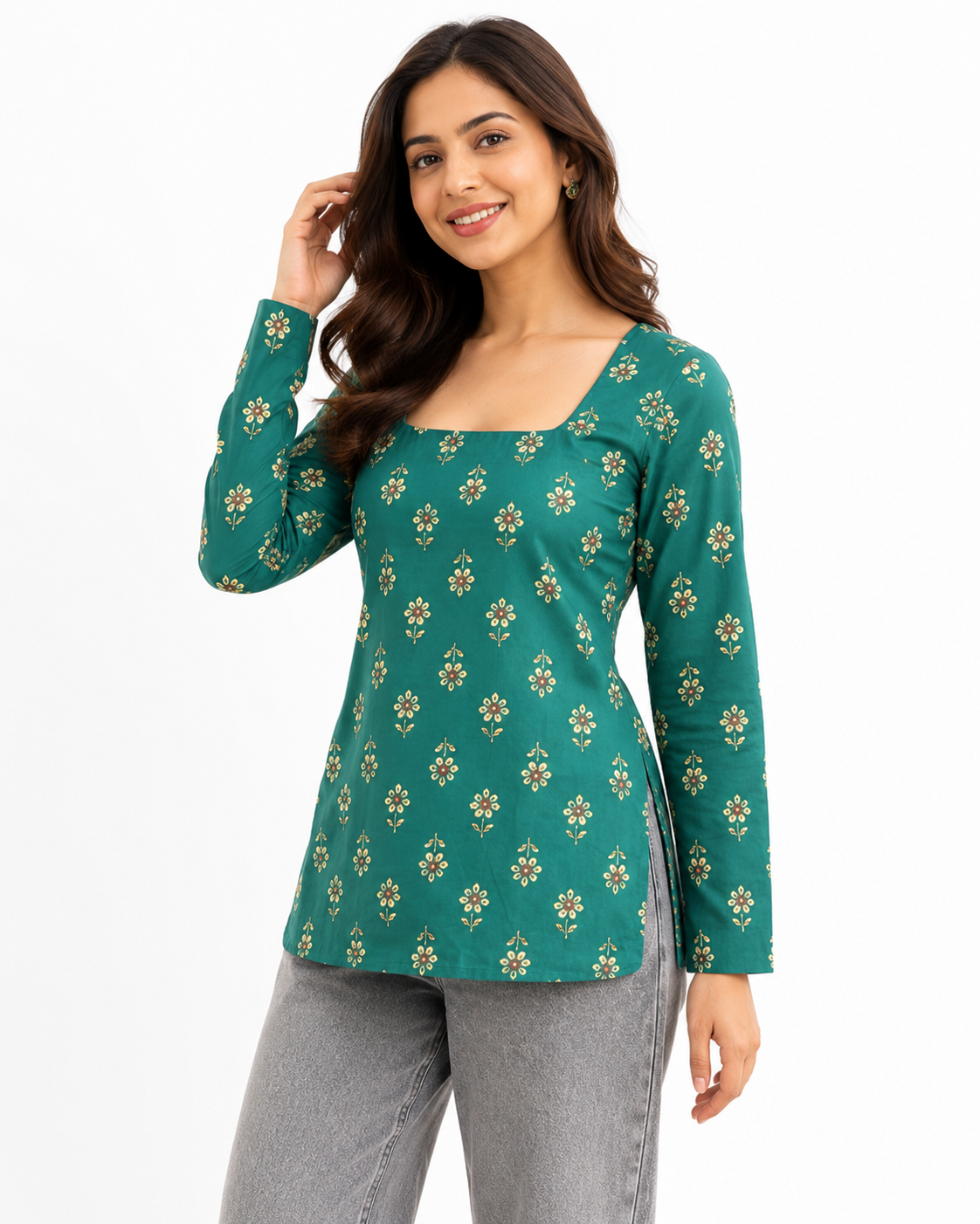 Women's Green Printed Cotton Top | Square Neck Casual Top for Women