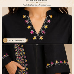 Black Embroidered Cotton Kurta Pant Set for Festive Wear - view 2
