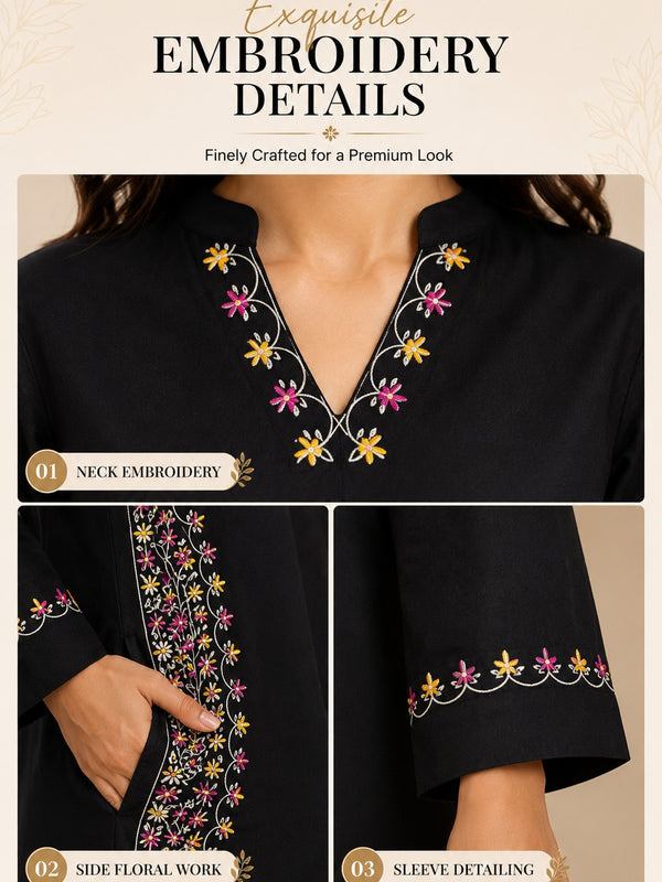 Black Embroidered Cotton Kurta Pant Set for Festive Wear - view 2