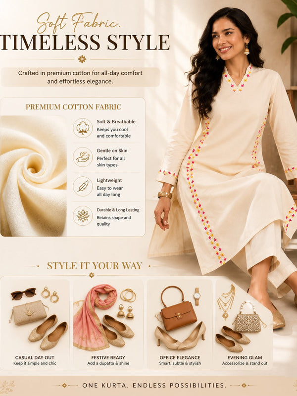 Floral Embroidered Cotton Kurta Pant Set for Festive Wear - view 4