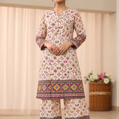 White Printed Rayon Kurta Palazzo Co-Ord Set for Festive Wear