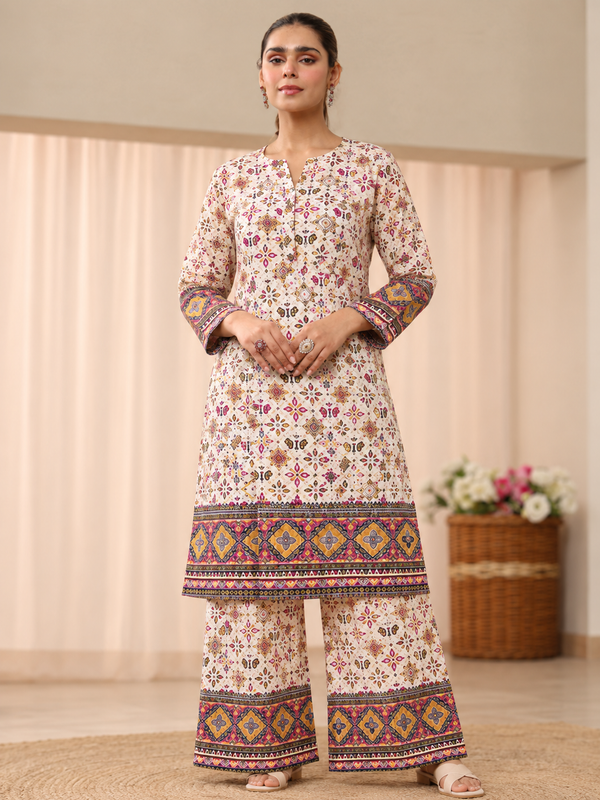 White Printed Rayon Kurta Palazzo Co-Ord Set for Festive Wear