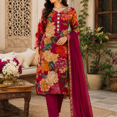 Red Floral-Print Kurta Pant Dupatta Set for Festive Wear