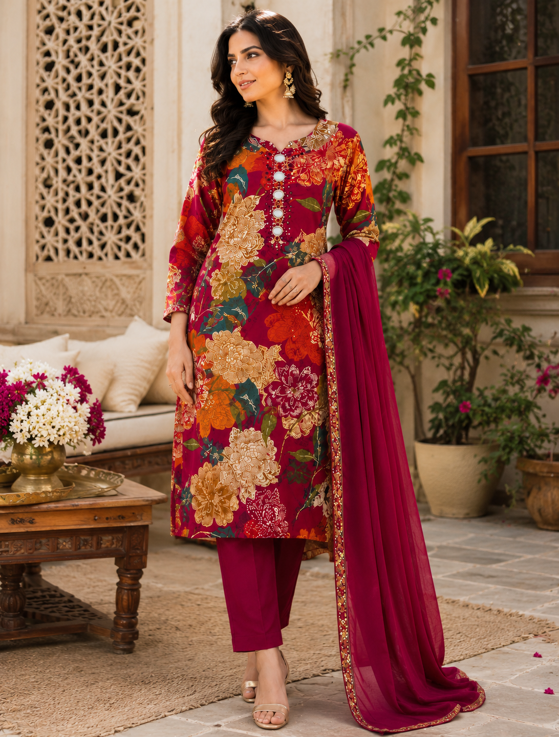 Women’s Floral Printed Kurta Pant Dupatta Set | Embellished Neck | Ethnic 3-Piece Suit Set