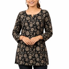 Black Floral-Print Cotton Short Kurti for Office Wear - view 2