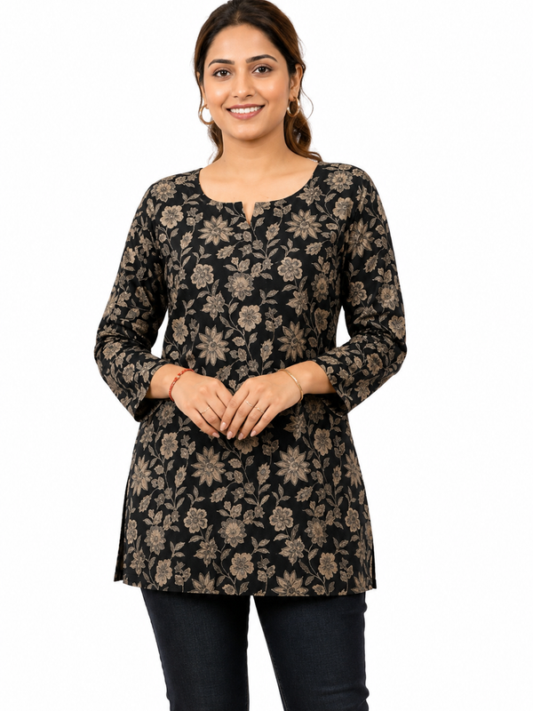 Black Floral-Print Cotton Short Kurti for Office Wear - view 2