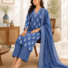 Blue Embroidered Cotton Kurta Pant Dupatta Set for Festive Wear - view 4