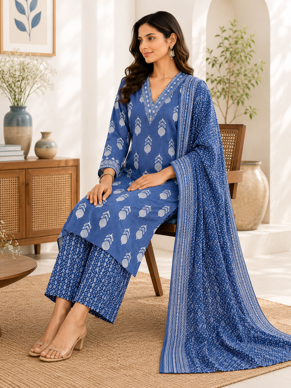 Blue Embroidered Cotton Kurta Pant Dupatta Set for Festive Wear - view 4